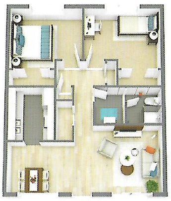 Floor plan for 2 beds, 1 bath, 900 sqft